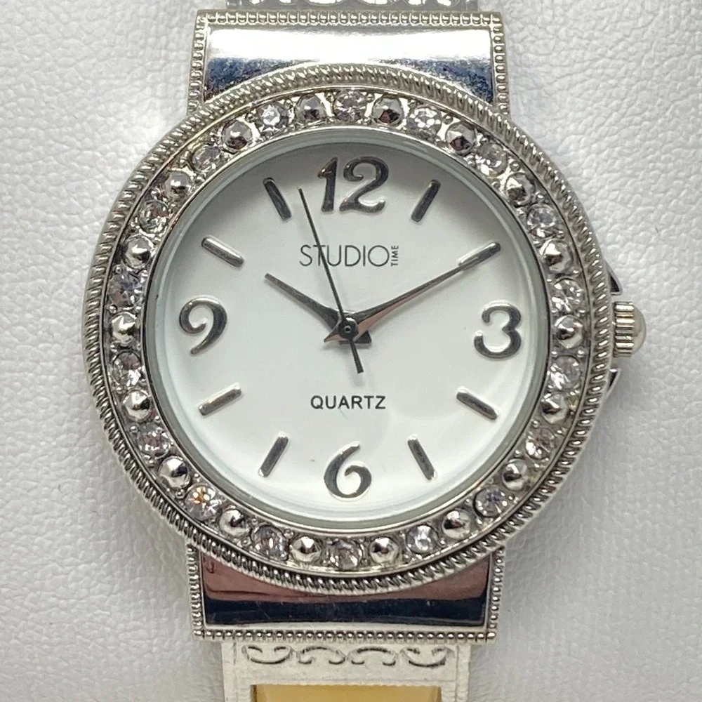 Studio Time Watch Women 32mm Silver Tone Yellow MOP Inlay Cuff Bling New Battery